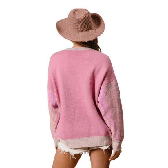 Bibi Women's Large Pink Red Christmas Sequin Long Sleeve Crew Neck Sweater Top - Picture 5 of 7